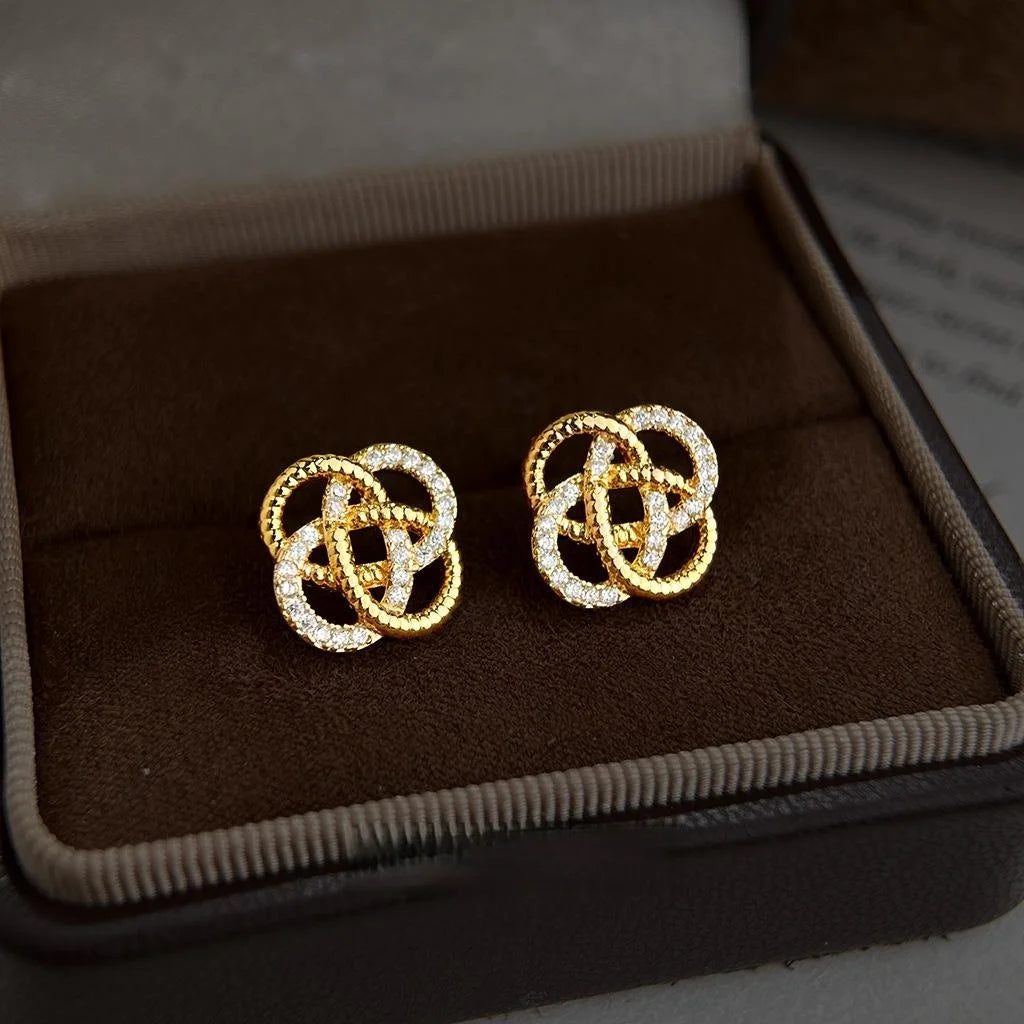 Light Luxury Copper Zircon Flower Knot Hollow Square Stud Earrings