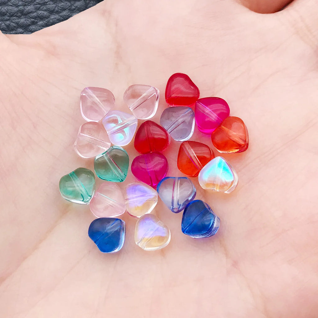 Colorful Glass Heart Loose Beads Straight Hole Beads for DIY Bracelet Necklace Phone Strap