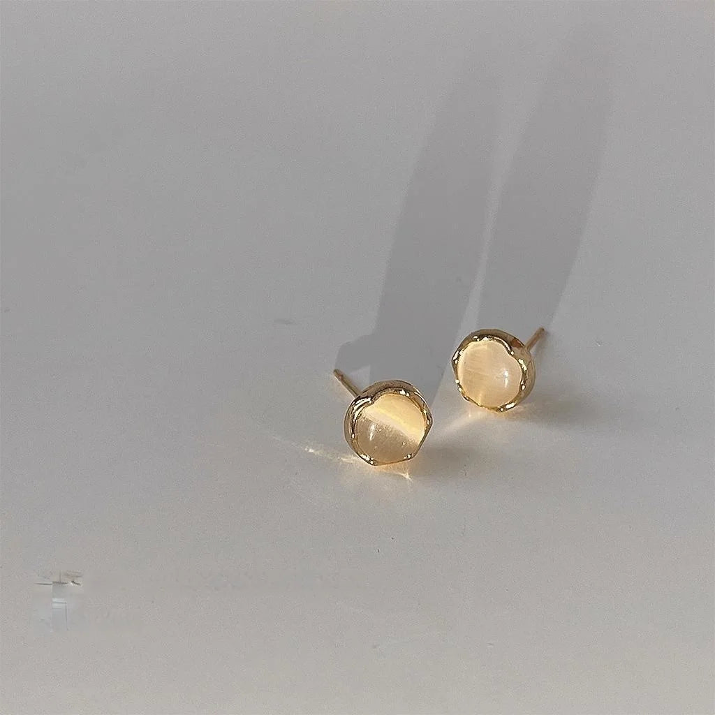 Minimalist 14K Plated Copper Round Glass Cat Eye Stone Stud Earrings For Daily Wear