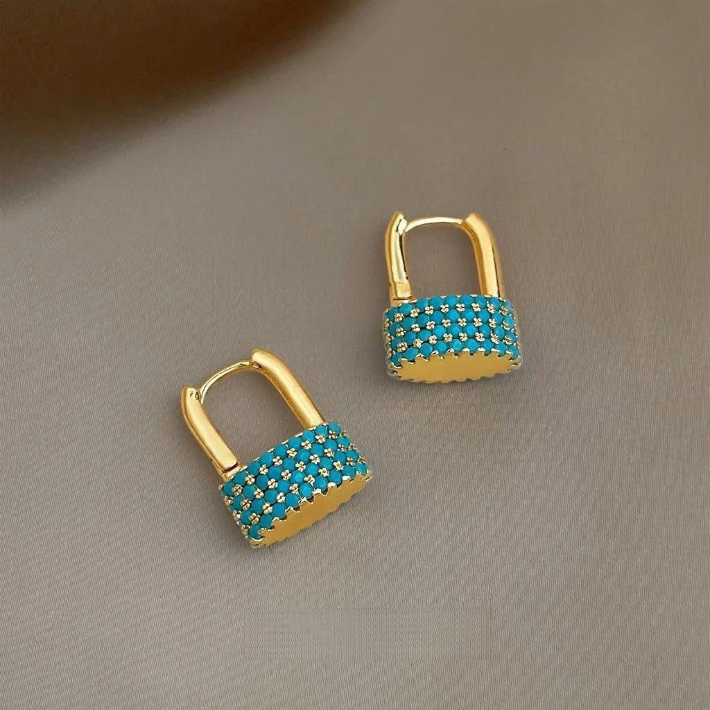 Luxury Style Eco Copper Malachite Full Zircon U Shaped Lock Drop Earrings For Women