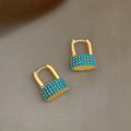 Luxury Style Eco Copper Malachite Full Zircon U Shaped Lock Drop Earrings For Women