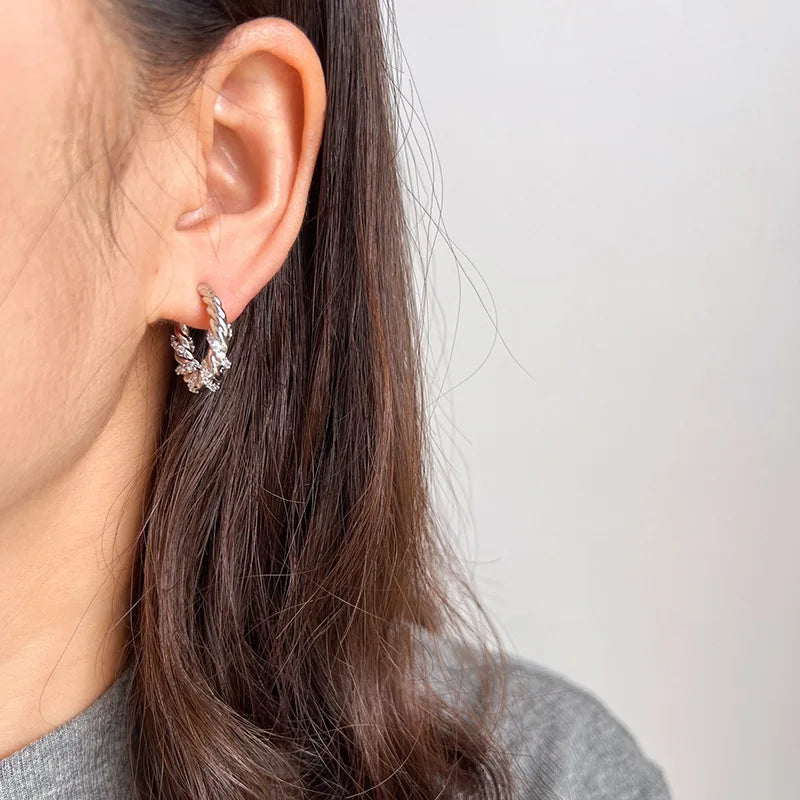 Elegant Silver Alloy Twisted Hoop Zircon Stud & Clip On No Piercing Spiral Huggie Earrings