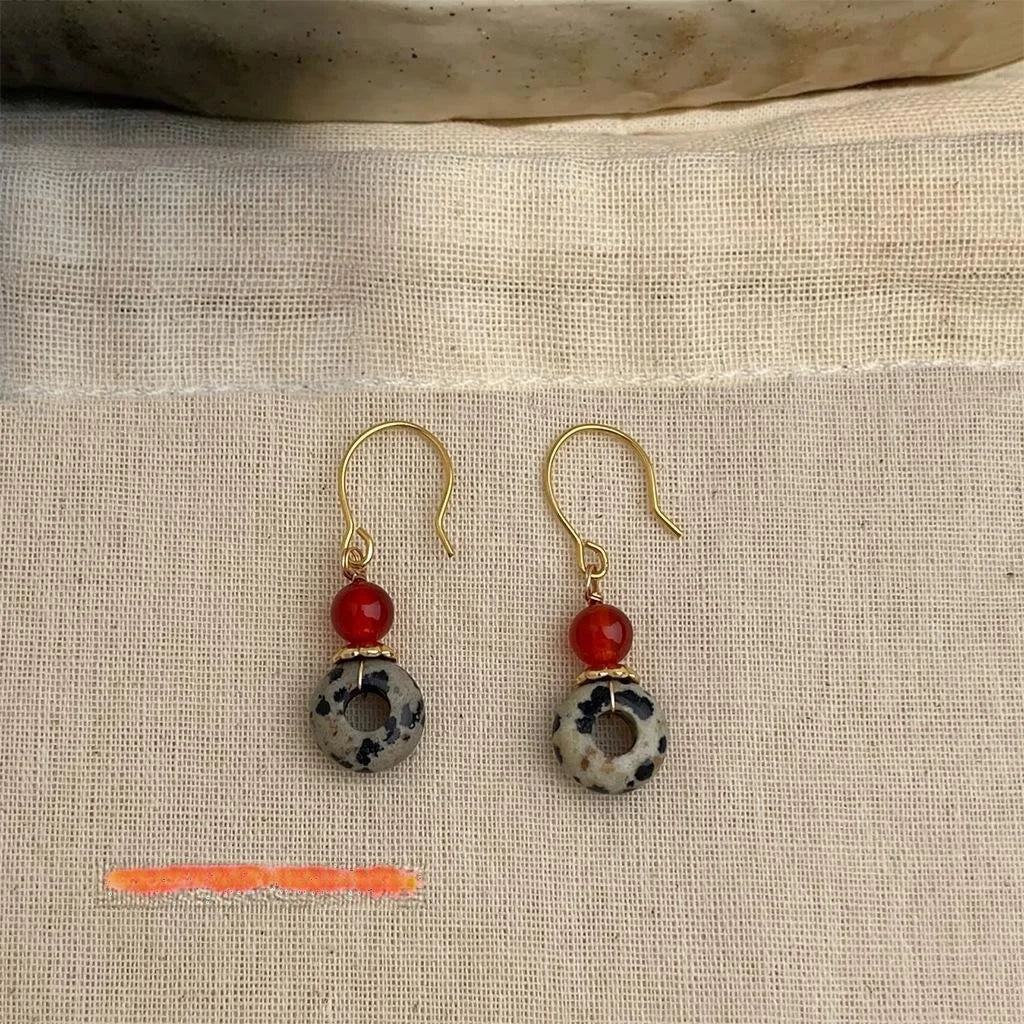 Ethnic Style Natural Red Agate Geometric Round Hoop Drop Earrings Handmade Design