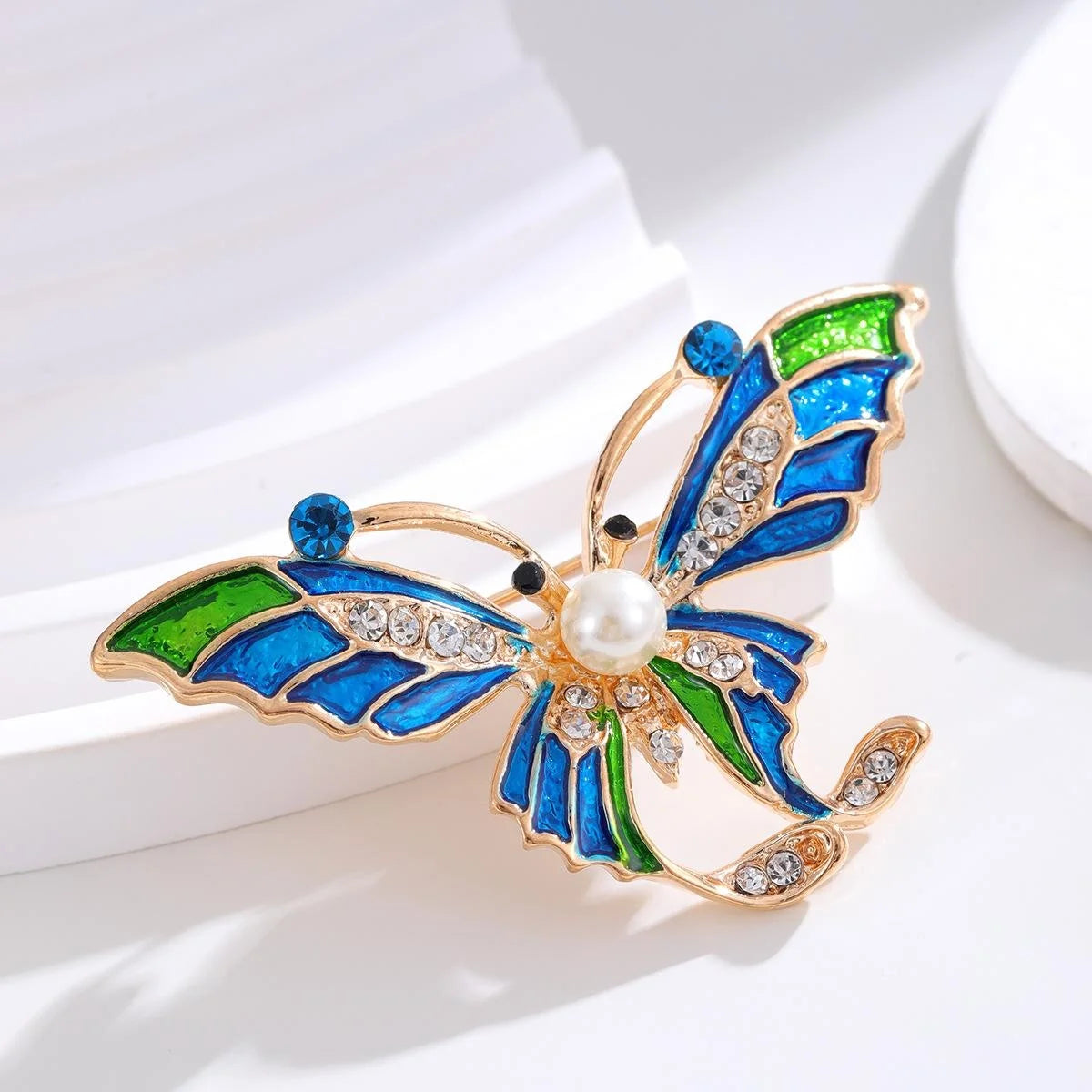 Vintage Blue Green Enamel Butterfly Brooch With Rhinestones And Faux Pearl, Elegant Lapel Pin Gift