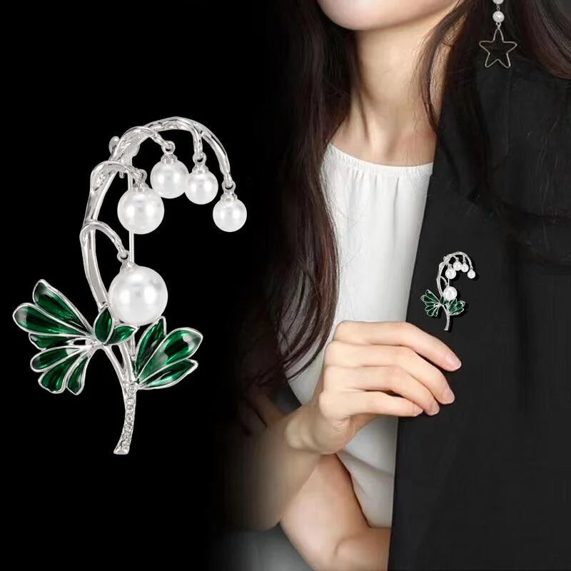 Elegant Lily Of The Valley Pearl Enamel Brooch In Gold Alloy, Rhinestone Floral Lapel Pin Suit Accessory