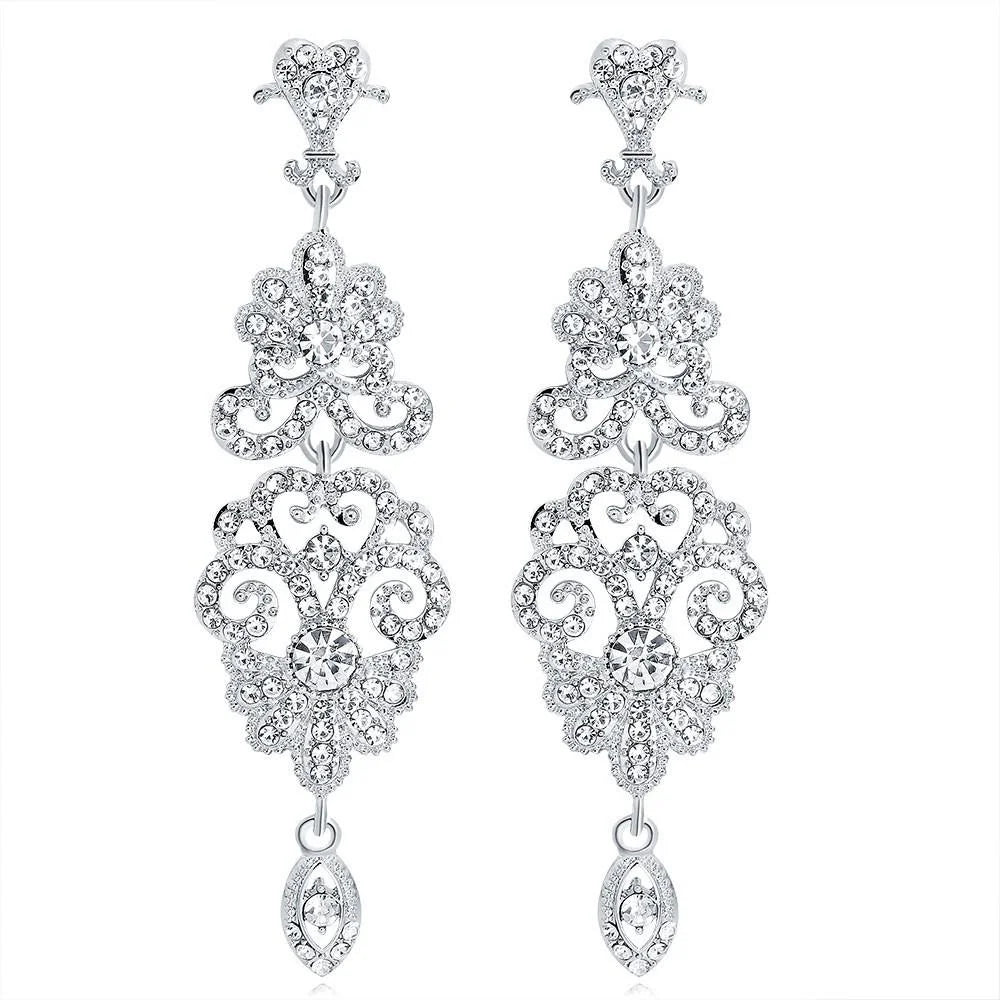 Luxury Silver Tone Rhinestone Filigree Teardrop Chandelier Earrings For Wedding Party Banquet Gift