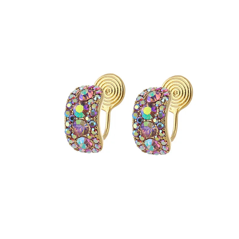 Luxury Iridescent Rhinestone Rectangular Hoop Stud & Clip On No Piercing Spiral Alloy Earrings