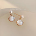 Freshwater Pearl Shell Geometric Stud Earrings French Vintage 14K Plated Jewelry