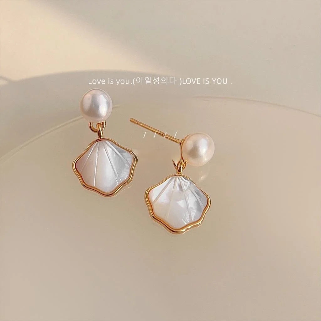 Freshwater Pearl Shell Geometric Stud Earrings French Vintage 14K Plated Jewelry