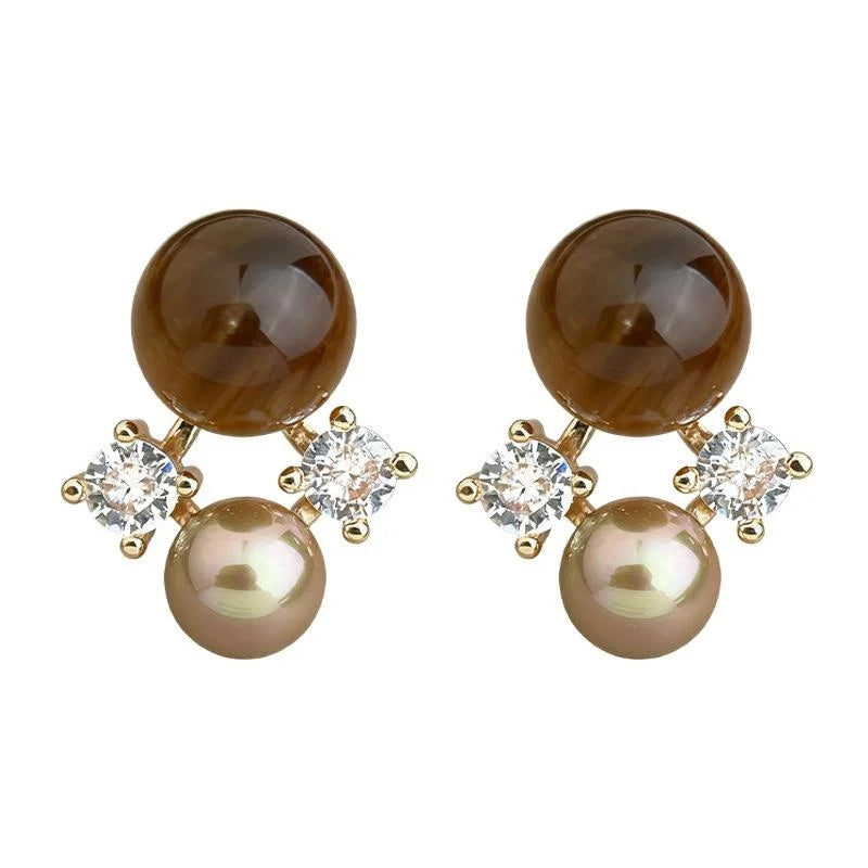 Maillard Vintage Tiger Eye Zircon Pearl Geometric Flower Stud Earrings