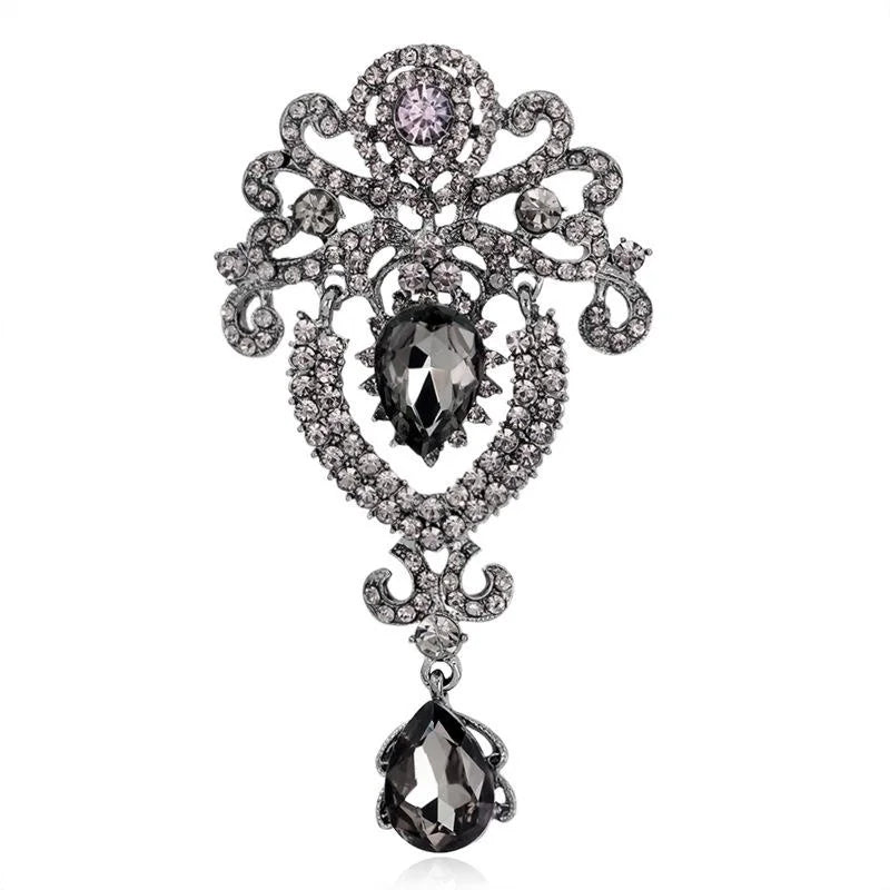 Elegant Crown Crystal Rhinestone Brooch With Teardrop Pendant, Luxury Lapel Pin Corsage Suit Accessory