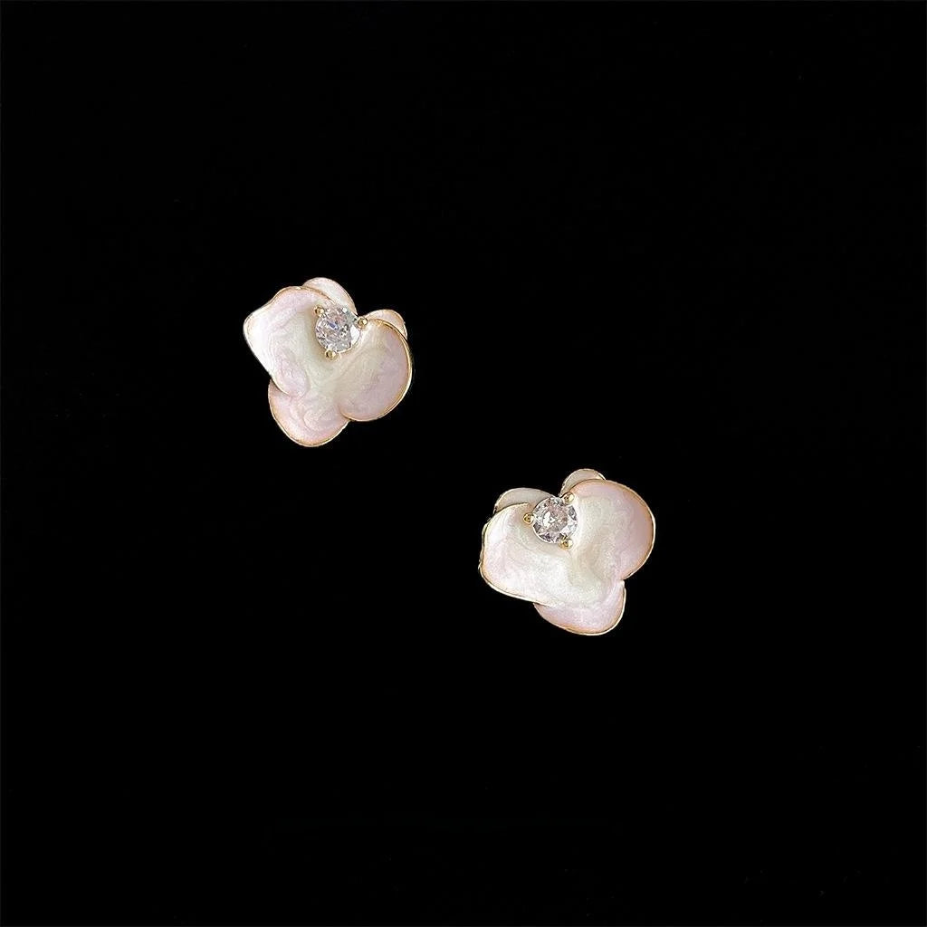 New Chinese Pink Gradient Drip Glaze Enamel Orchid Stud Earrings With Zircon Floral Petal Design
