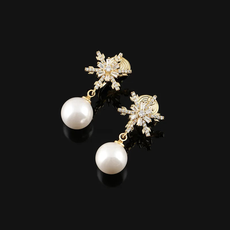 Luxury Snowflake Zircon Starburst Pearl Drop Gold Alloy Stud & Clip On No Piercing Earrings