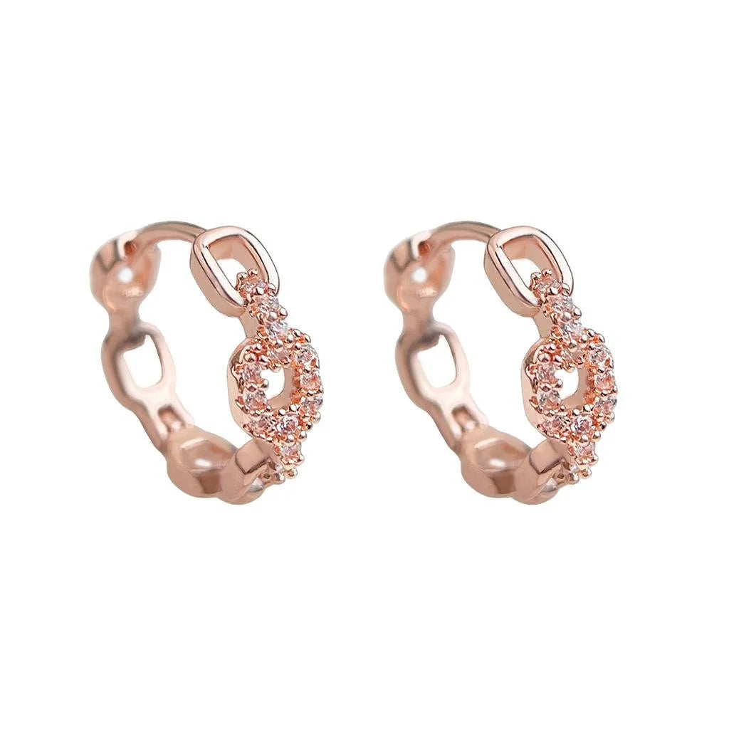 Rose Gold Plated Copper Geometric Circle Chain Drop Earrings With Micro Pave Zircon Luxury Style