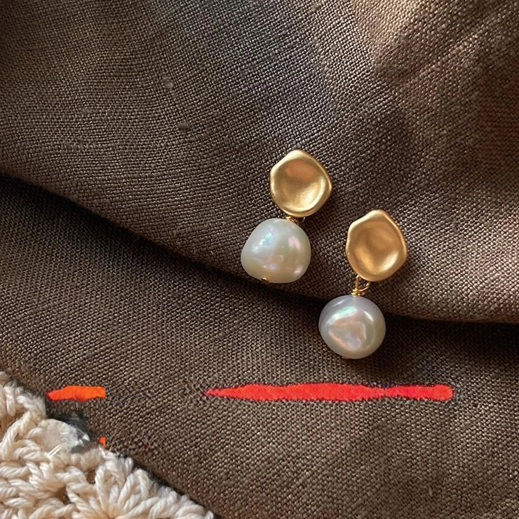 Baroque Freshwater Pearl Stud Earrings Matte Silver Plated Copper Geometric Vintage Jewelry