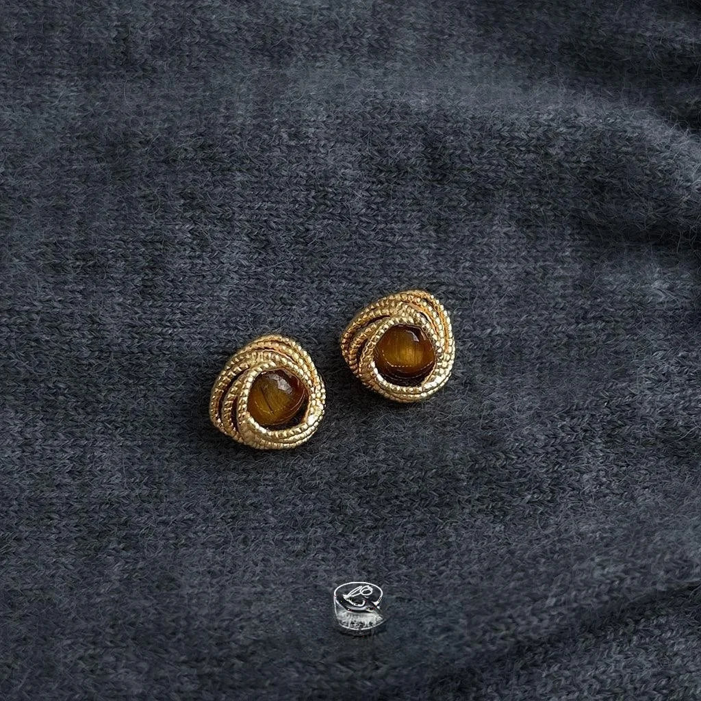 Maillard Style Copper Tiger Eye Stud Earrings Vintage Round Geometric Line Design