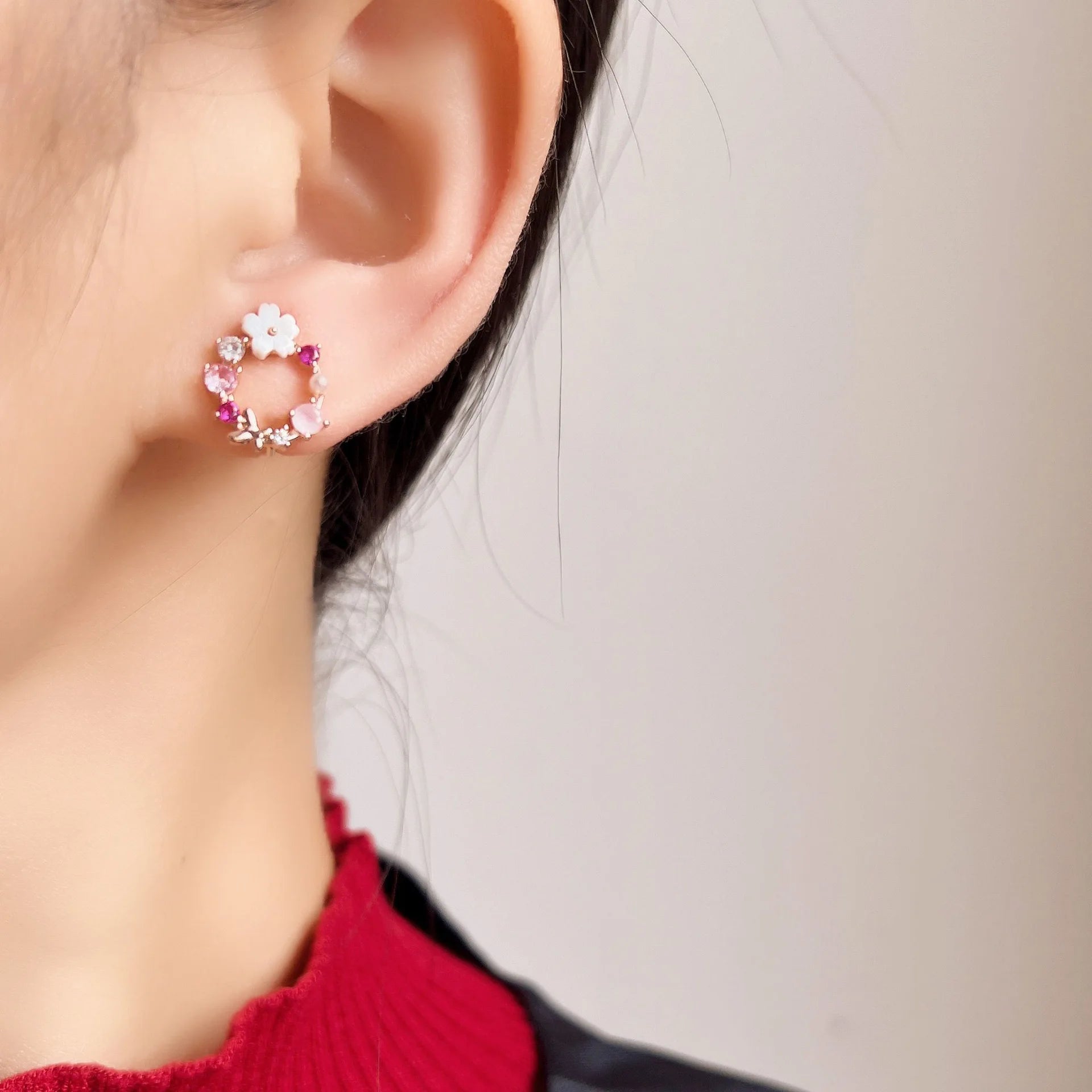 Elegant Floral Wreath Rhinestone Crystal Bow Stud & Clip On No Piercing Korean Style Earrings