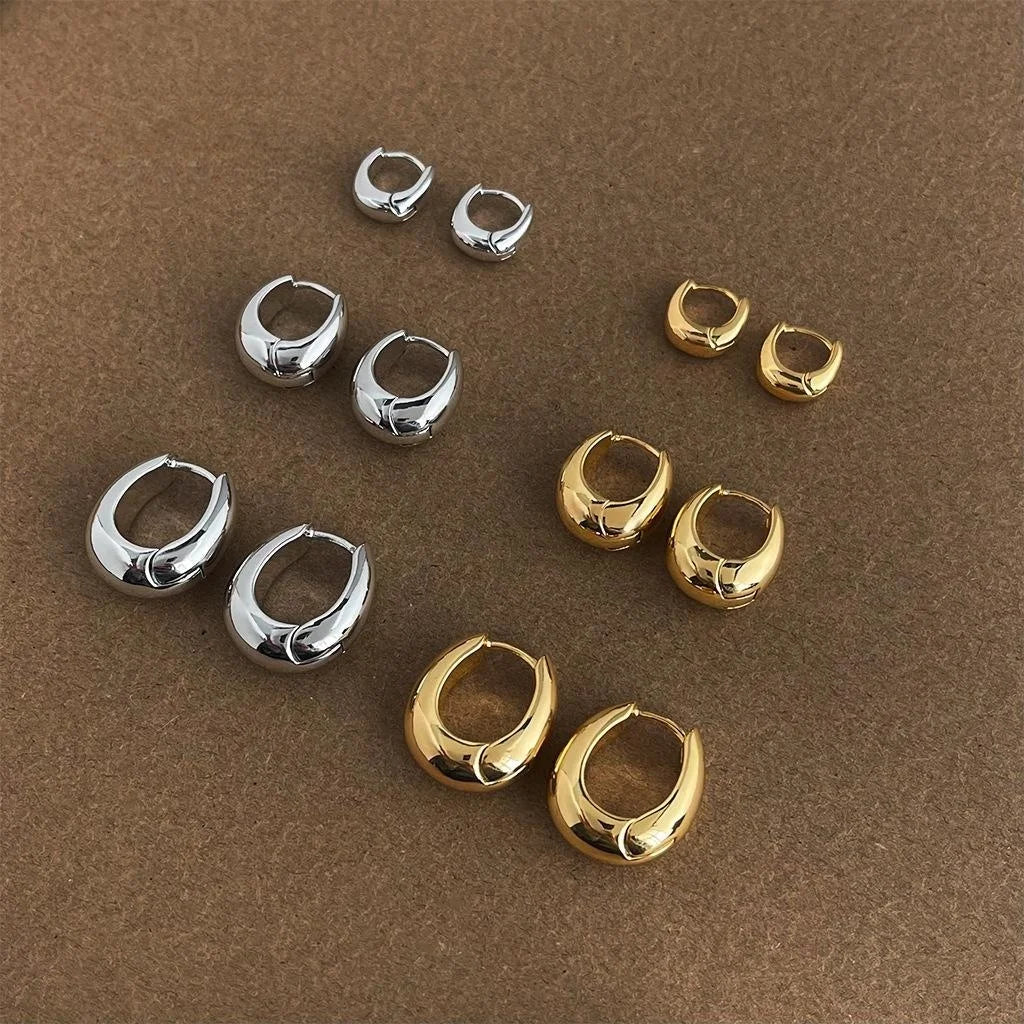 18K Gold Plated Copper Oval Geometric Stud Earrings French Light Luxury Thick Earcuff Style