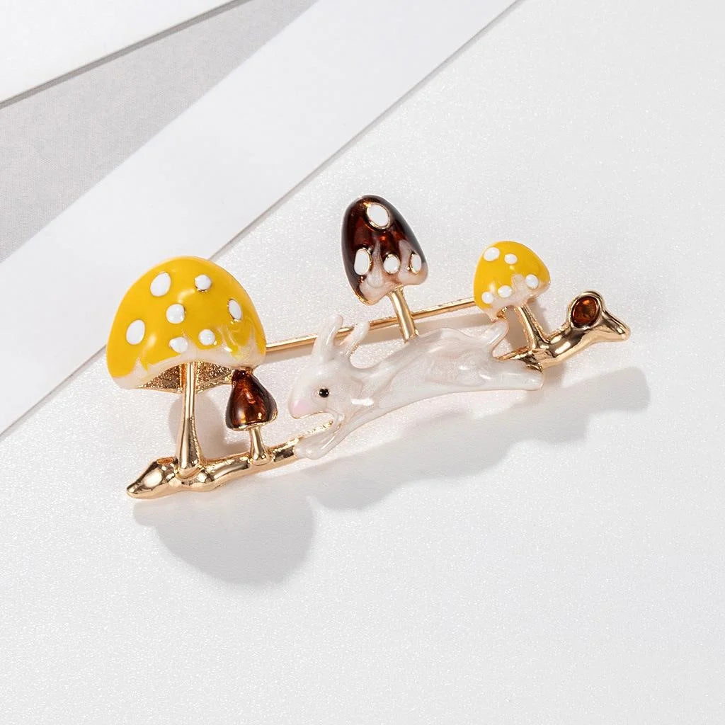 Cute Enamel Rabbit And Mushroom Alloy Brooch Pin, Whimsical Woodland Lapel Pin Corsage Gift For Women