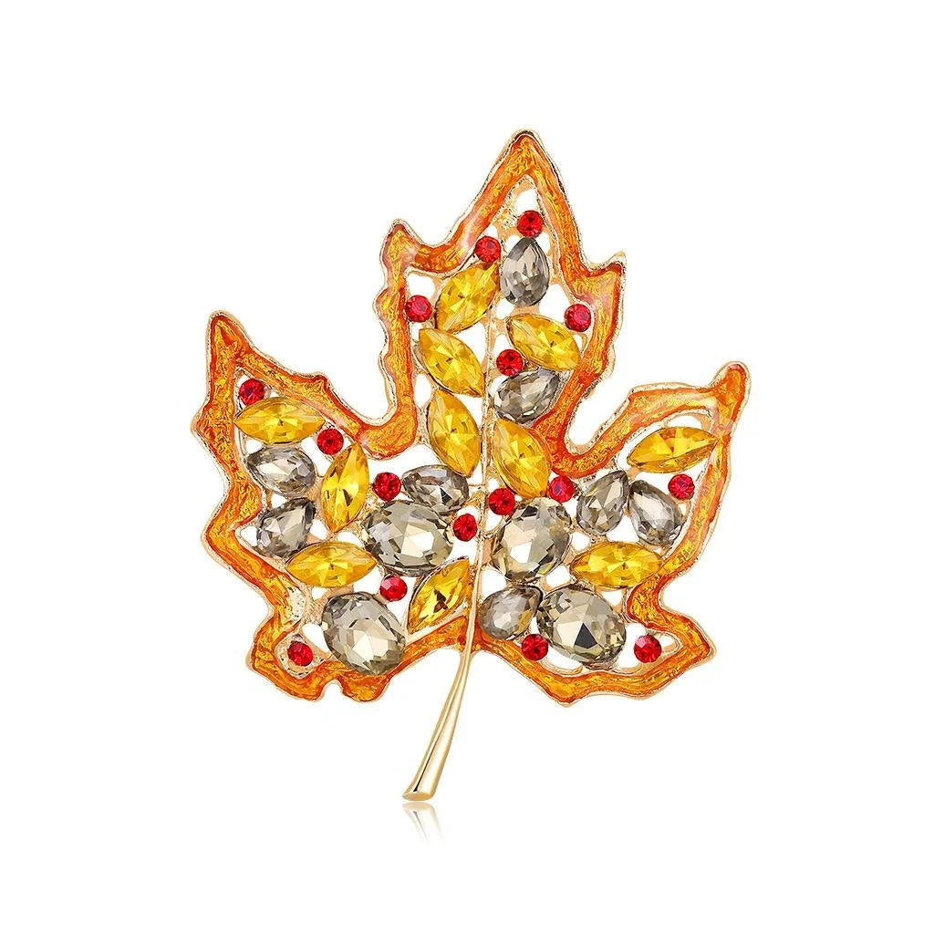 Luxury Enamel Maple Leaf Brooch With Rhinestone Crystals, Elegant Lapel Pin Corsage Suit Accessory Gift
