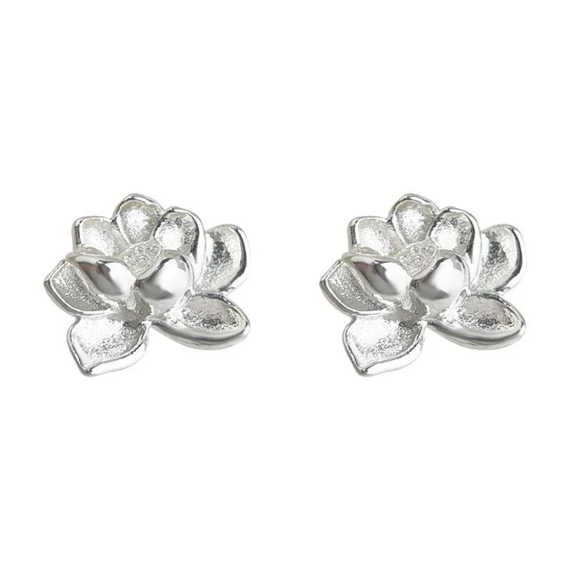 Silver Plated Copper Lotus Flower Stud Earrings Sweet Minimalist Commuter Jewelry