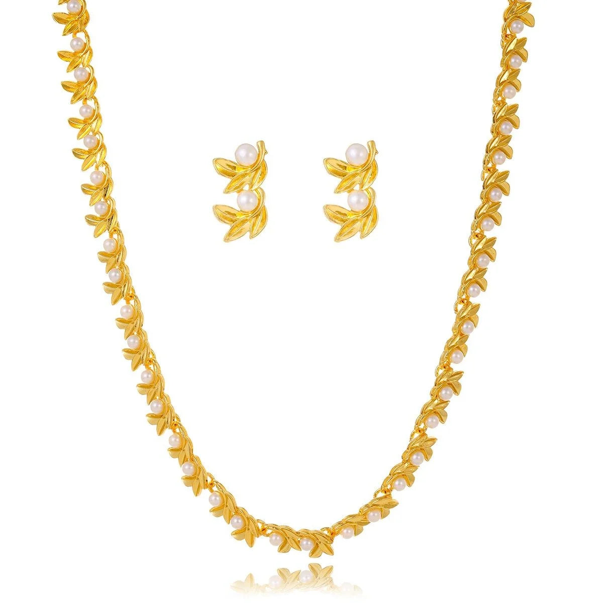 Vintage Gold Alloy Leaf Pearl Necklace And Earrings Jewelry Set Elegant Bridal Jewelry For Wedding Party Gift