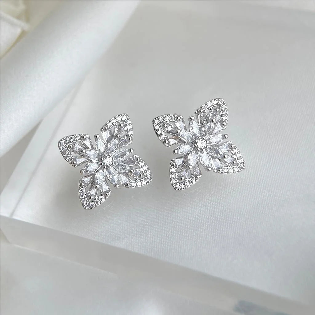 Silver Plated Copper Zircon Flower Leaf Geometric Stud Earrings for Women