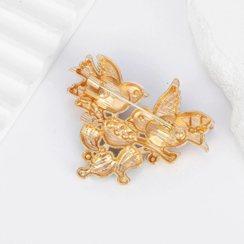 Elegant Enamel Love Birds Nest Brooch With Rhinestone Eyes, Gold Tone Alloy Lapel Pin Suit Accessory