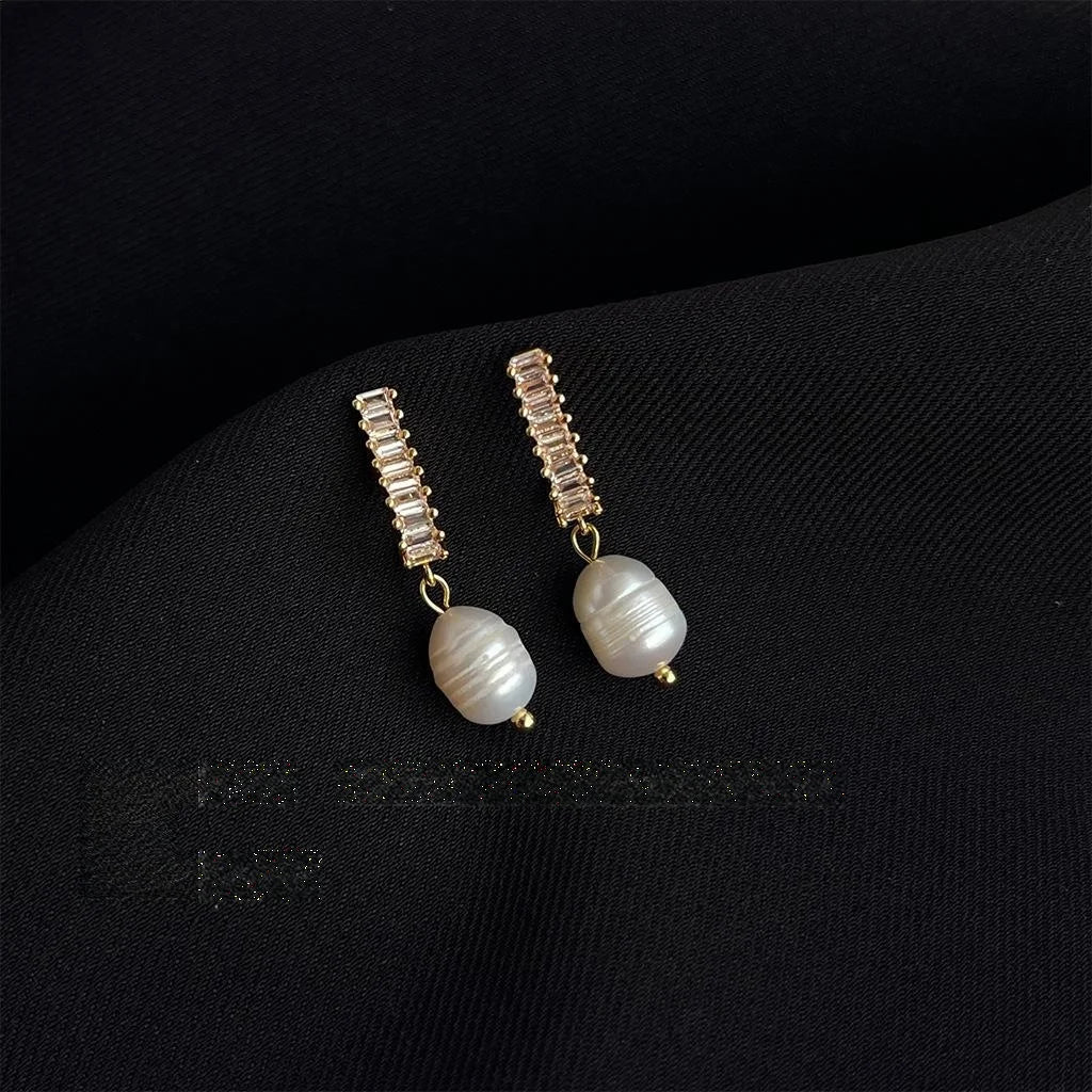 French Vintage Geometric Freshwater Pearl Micro Pave Zircon Copper Drop Earrings For Women