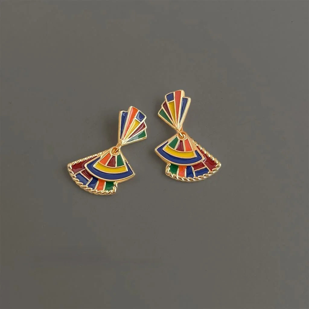 Original Painted Ethnic Fan Shaped Eco Friendly Copper Drop Earrings With Silver Plated Pins