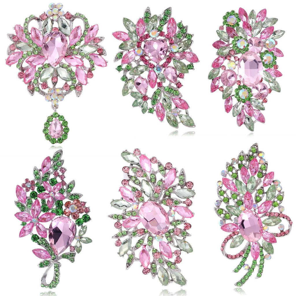 Elegant Pink Green Floral Rhinestone Crystal Brooch, Luxury Bouquet Lapel Pin Corsage Suit Accessory Gift