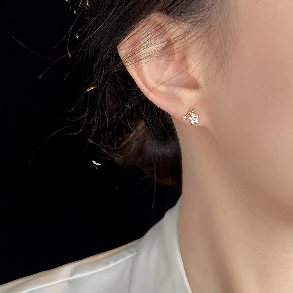 Mini Zircon Flower Stud Earrings 14K Gold Plated Copper Light Luxury Style