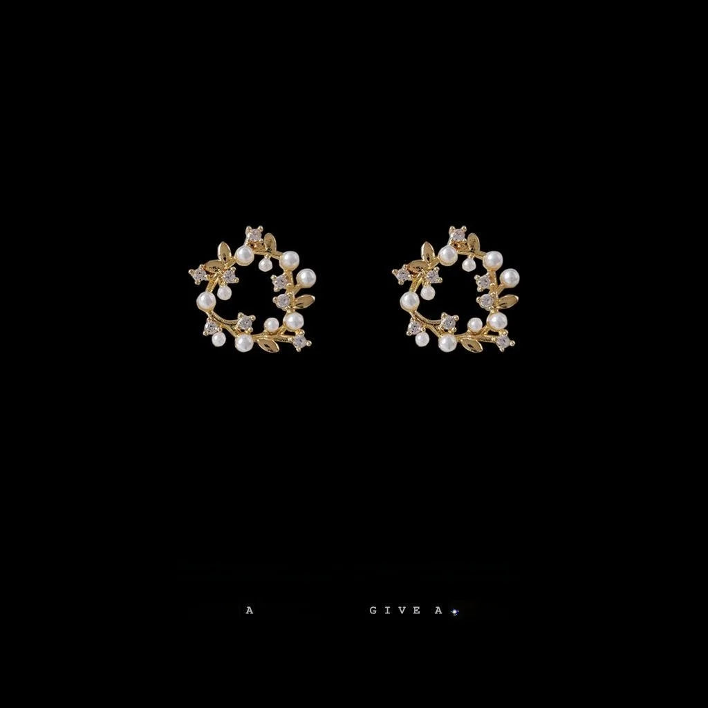 French Sweet Micro Pave Zircon Hollow Floral Wreath 14K Plated Stud Earrings