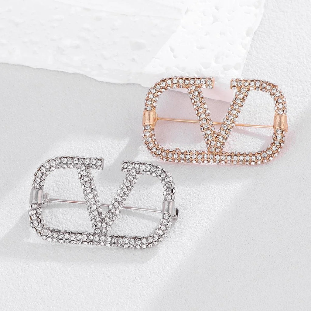 Luxury V Letter Rhinestone Alloy Brooch, Elegant Silver Lapel Pin Corsage For Suit Coat Accessory Gift