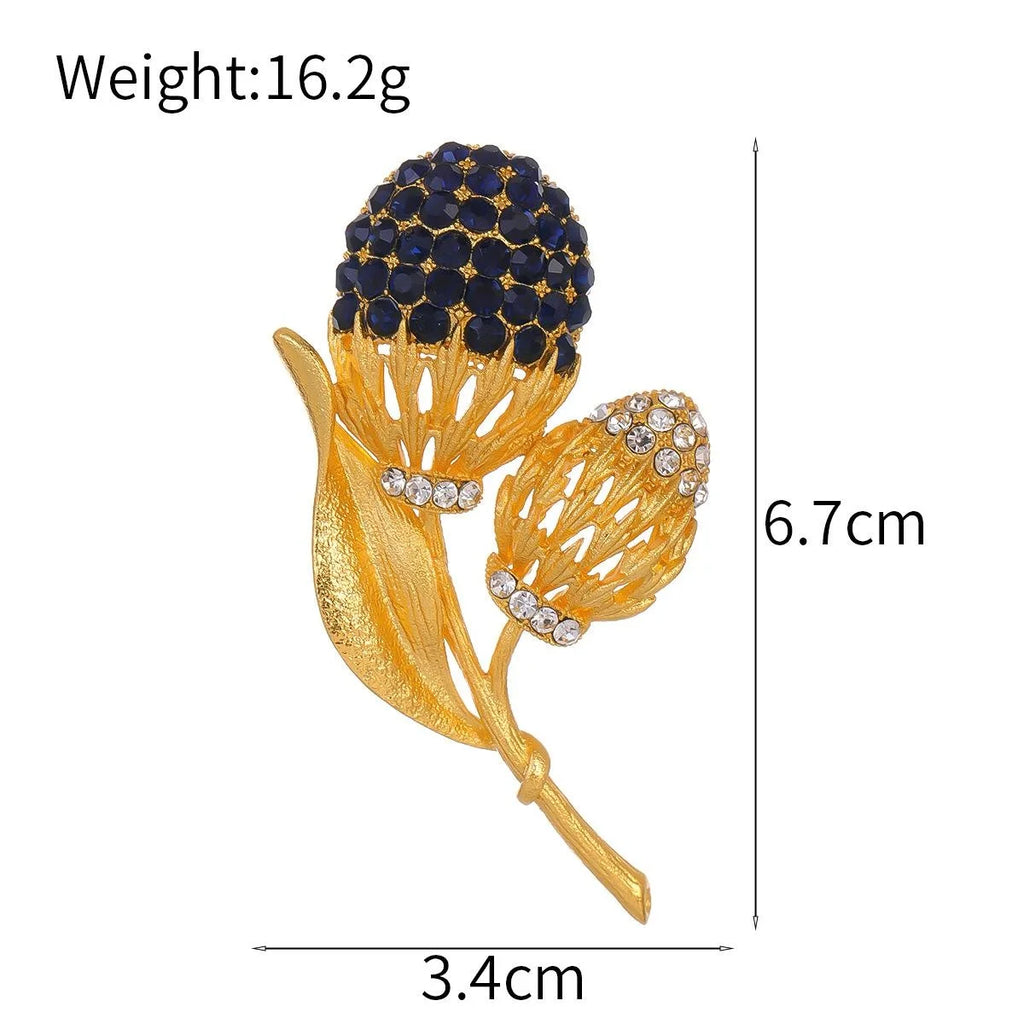 Elegant Gold Alloy Flower Brooch With Red Rhinestone Buds, Women's Lapel Pin Corsage Suit Accessory Gift