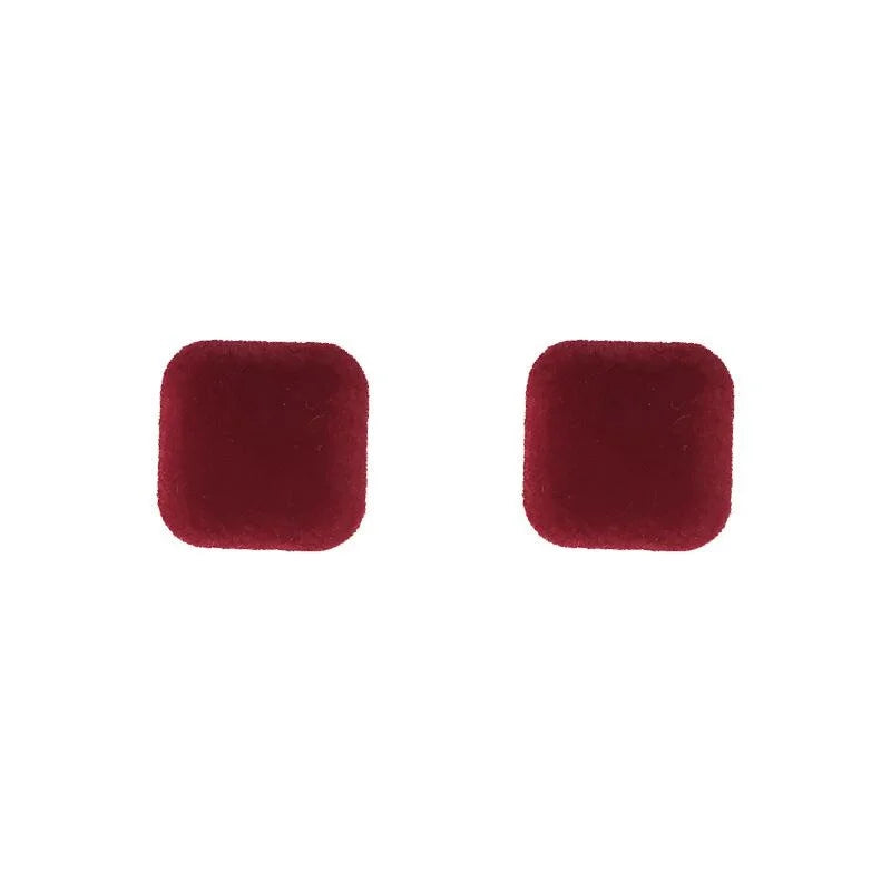 Burgundy Flocked Heart Square Stud Earrings Silver Plated Metal Hong Kong Style Jewelry