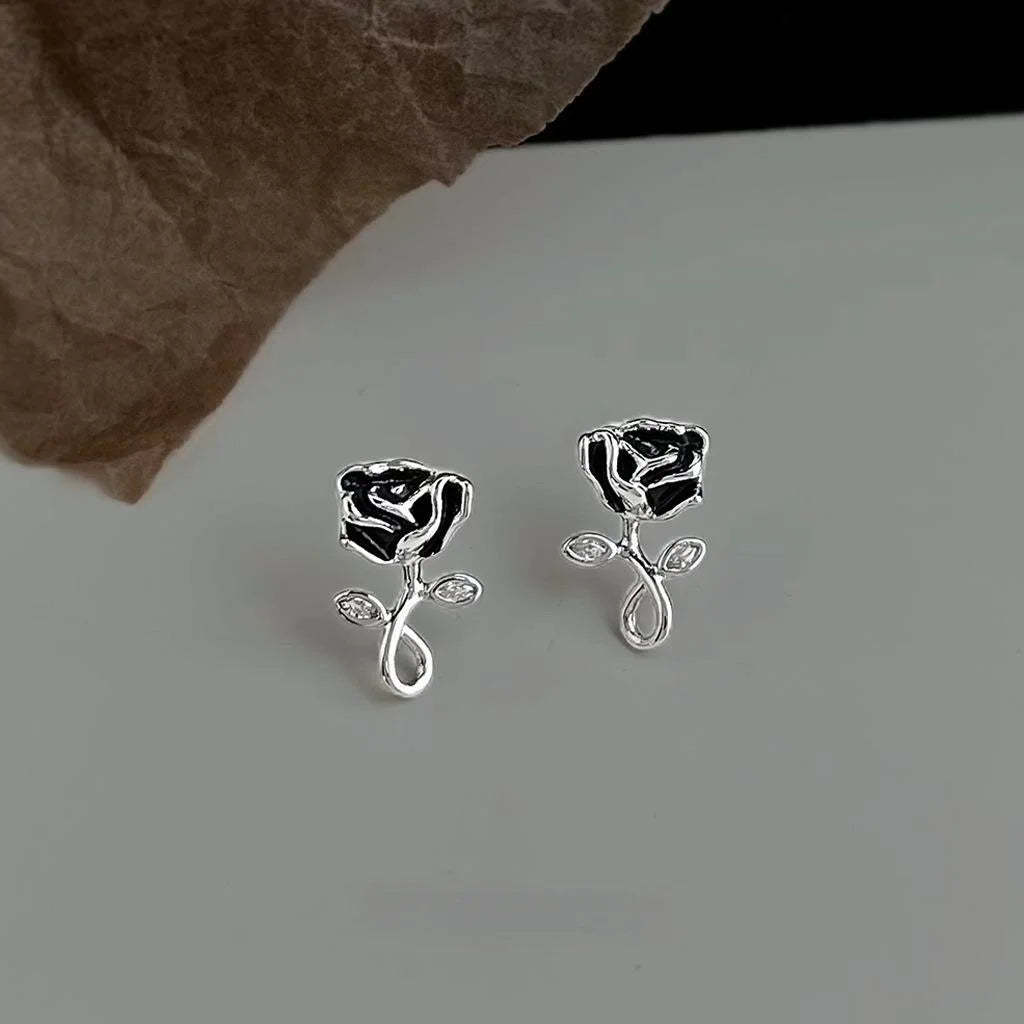 Black Rose Hand Painted Copper Zircon Micro Pave Mini Flower Stud Earrings Luxury Style
