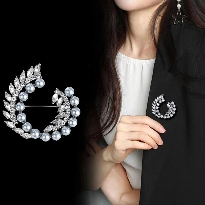 Elegant Pearl Wheat Wreath Brooch With Rhinestone Alloy Leaves, Luxury Lapel Pin Corsage Gift
