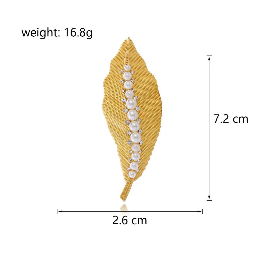 Elegant Gold Leaf Brooch With Pearl And Rhinestone Accents, Luxury Alloy Lapel Pin Suit Accessory Gift