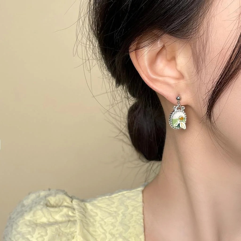 Forest Style Copper Enamel Flower Leaf Drop Earrings Handmade Monet Garden Jewelry