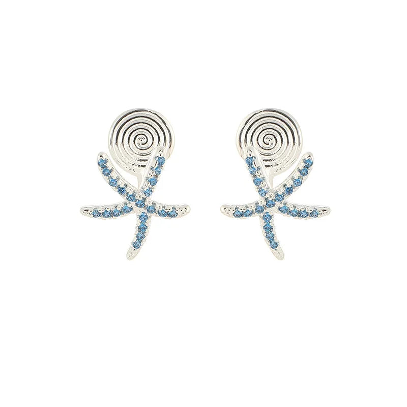 Elegant Blue Zircon Starfish Stud & Clip On No Piercing Beach Vacation Alloy Fashion Earrings