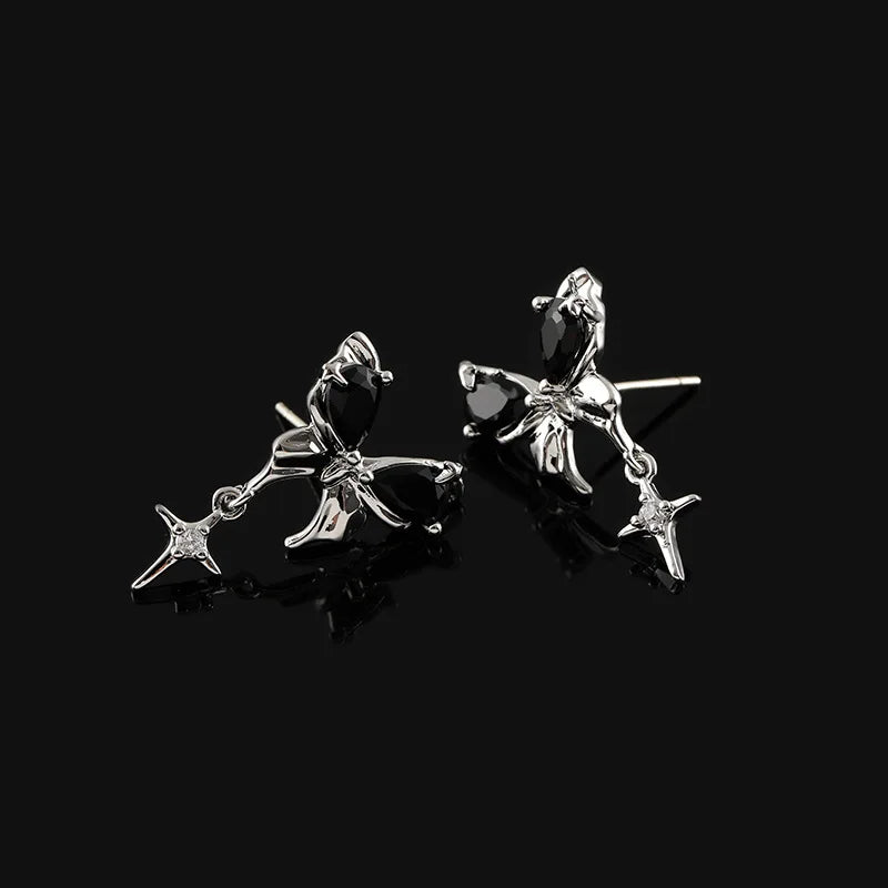 Black Butterfly Zircon Star Dangle Stud & Clip On No Piercing Alloy Sweet Cool Earrings