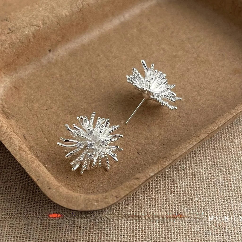 Silver Plated Copper Dandelion Flower Stud Earrings Minimalist Designer Spring Jewelry