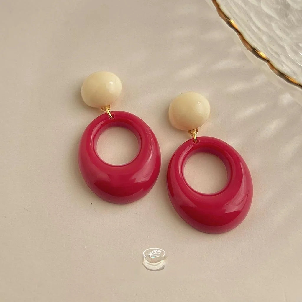Ethnic Vintage Red Resin Round Oval Geometric Drop Earrings With Copper