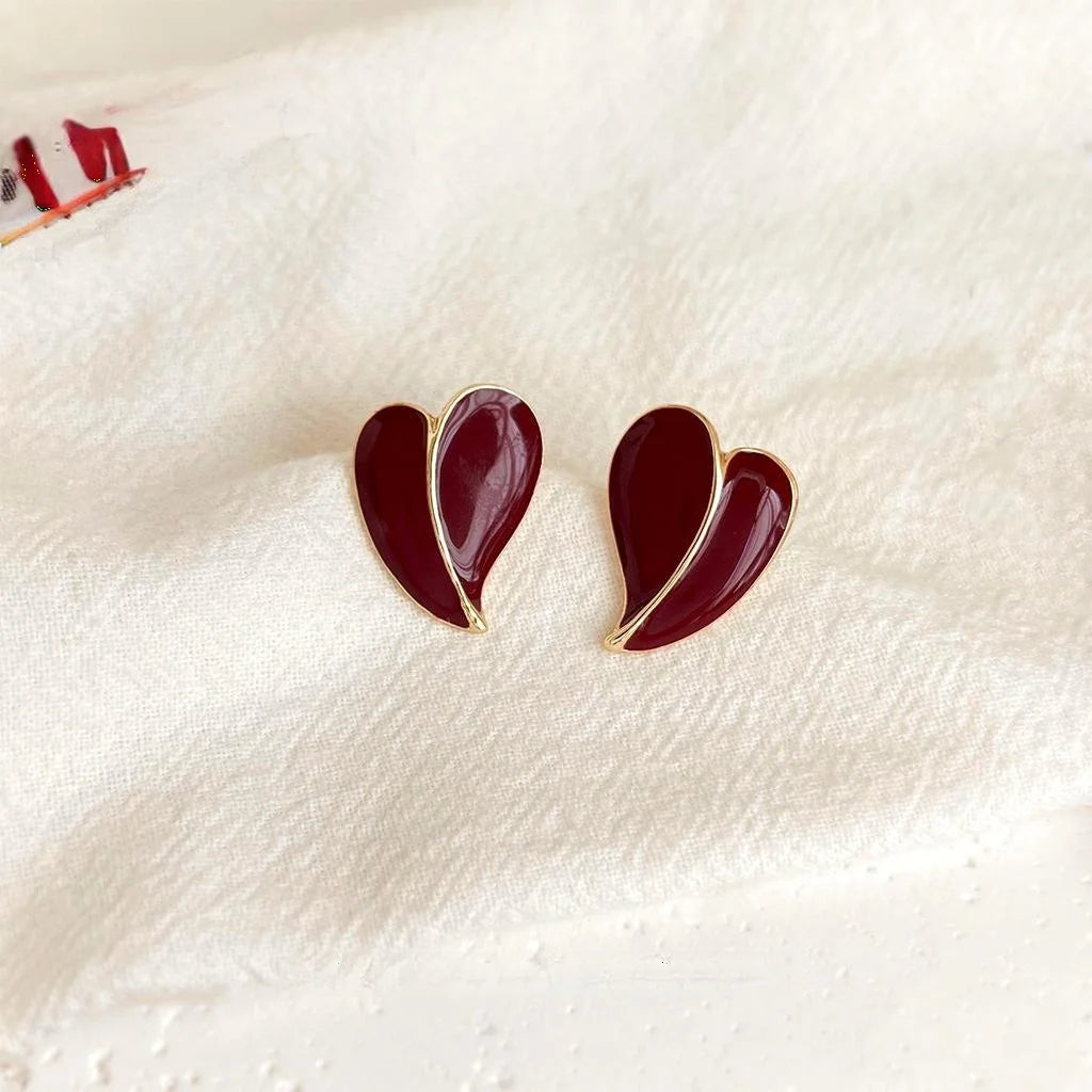 14K Plated Copper Burgundy Red Enamel Heart Stud Earrings, Hong Kong Style