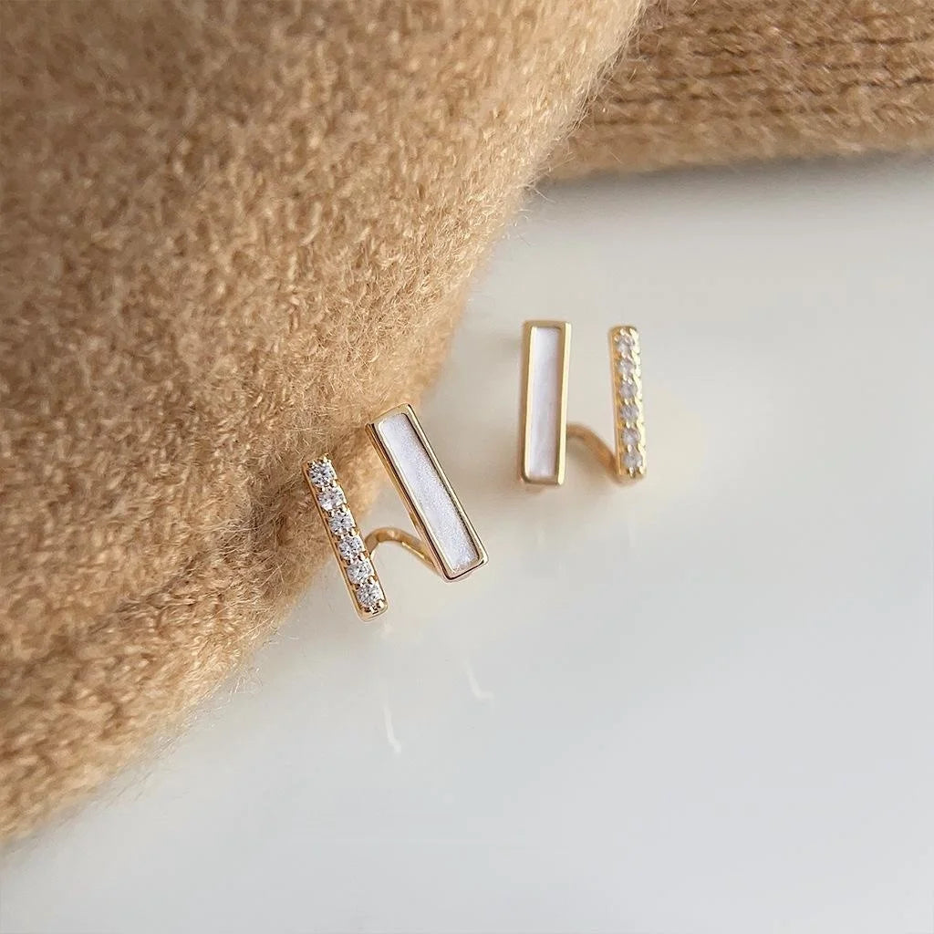 14K Gold Plated Copper Geometric Line Micro Pave Zircon Stud Earrings Minimalist Luxury Design