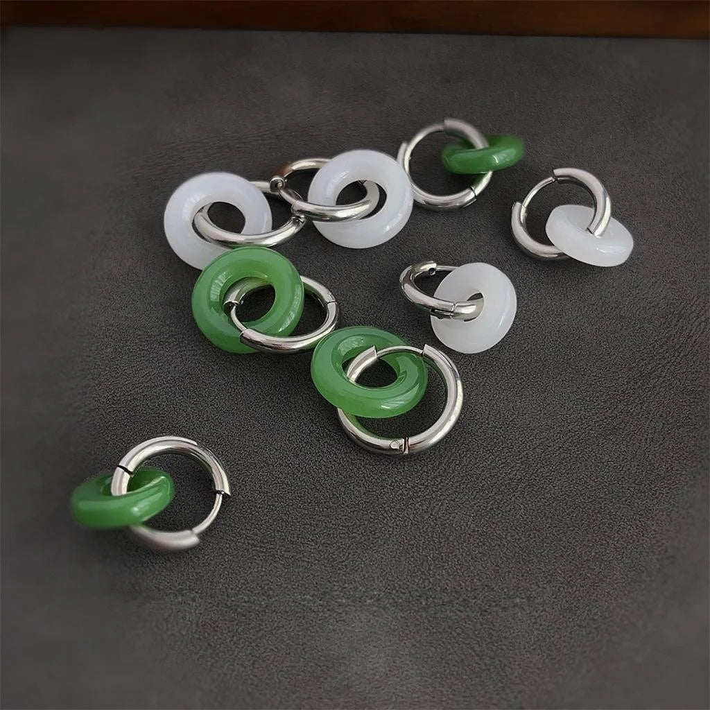 New Chinese Style Handmade Jade Color Glass Peace Buckle Stud Earrings Convertible Ethnic Geometric Ear Cuffs