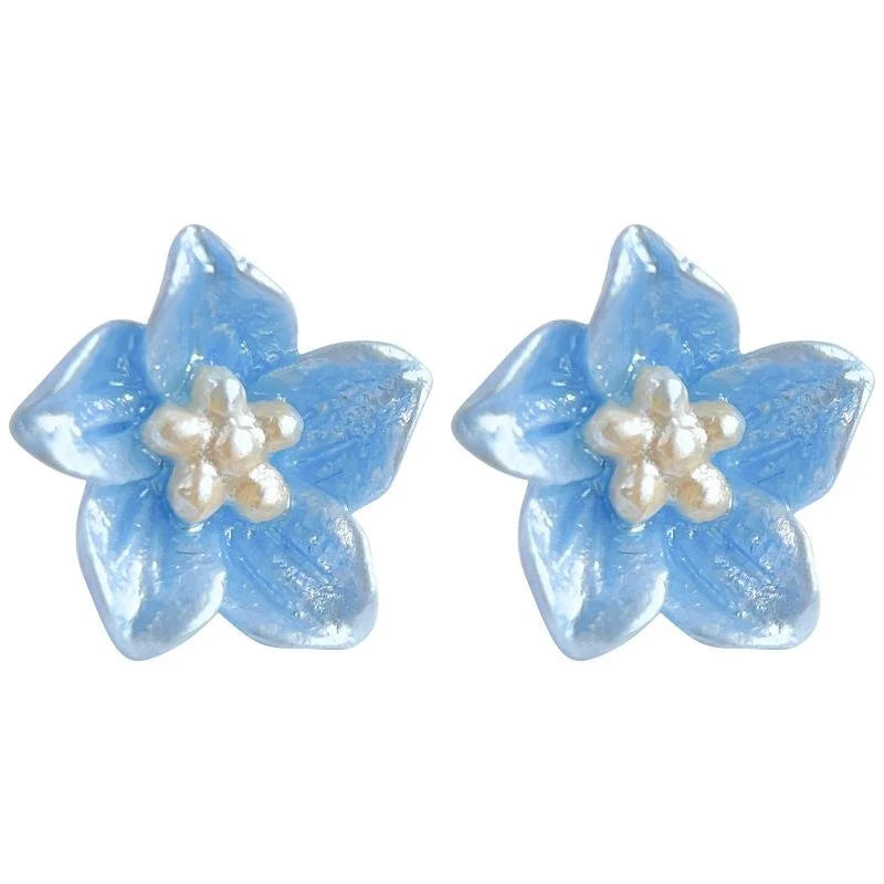 Klein Blue Resin Flower Stud Earrings With Silver Plated Pins, Sweet Korean Japanese Style