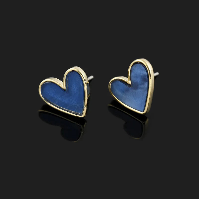 Blue Enamel Heart Alloy Stud & Clip On No Piercing Elegant Gold Tone Love Heart Earrings
