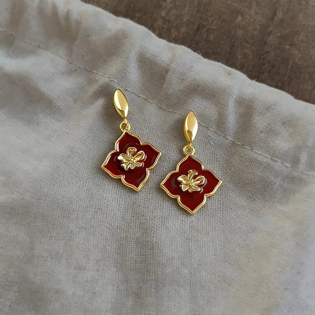 Vintage Enamel Glazed Copper Flower Drop Earrings, French Minimalist Hong Kong Style